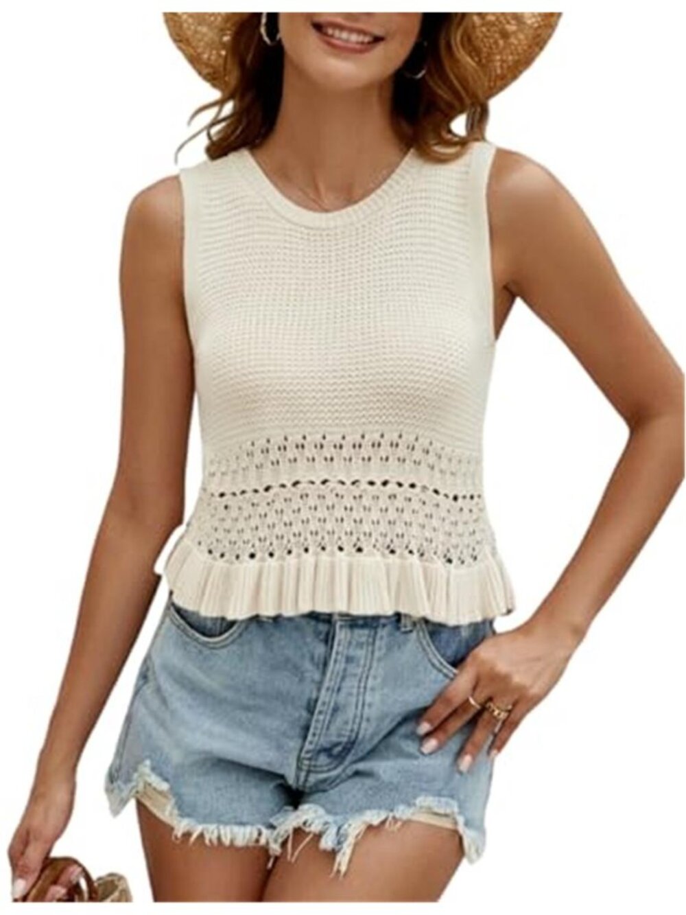 Womens Crochet Crop Tank Top Sleeveless Sweater Knit Ruffle Hem Summer Shirt